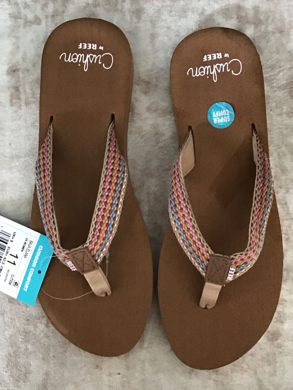Reef Women's Baja Elana Brown Flip Flops with Multicolor Woven Straps